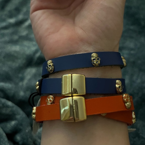 Two Leather Double Wrap Bracelets In Blue And Coral With Gold Tone Skull Studs - Picture 5 of 7